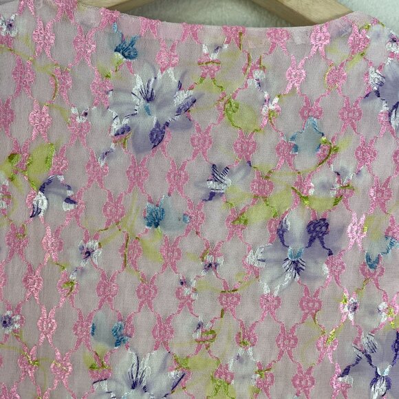 Y2K Womens XS Floral Mesh Short Sleeve V Neck Top Stretch Shirt Fairy Romantic - Picture 9 of 9